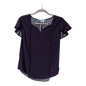 Draper James XS Blue Floral Dot Flutter Sleeve Peasant Boho Top Keyhole Tie Neck